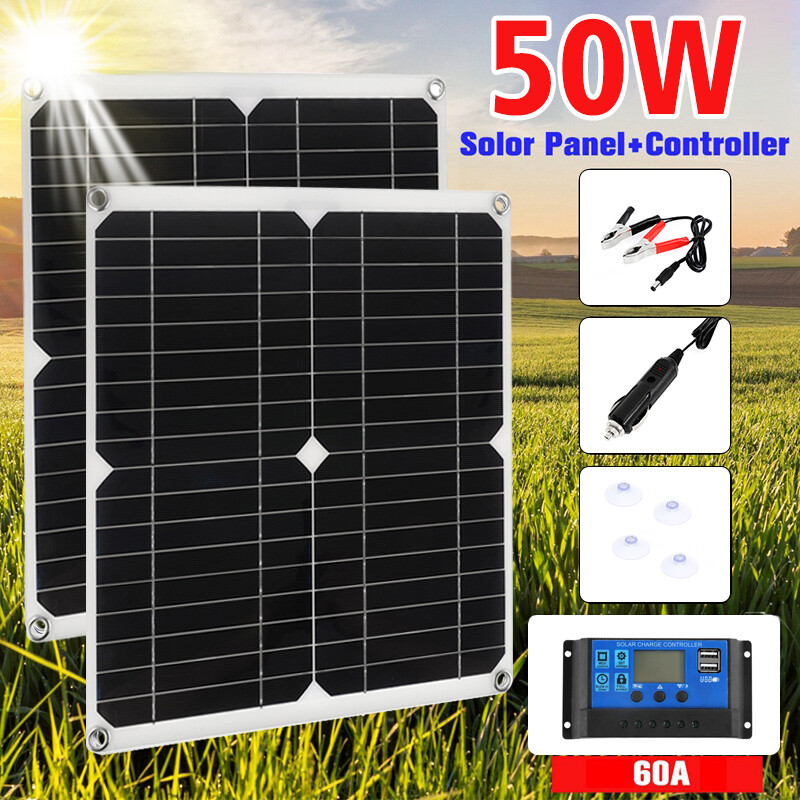 50W Solar Panel Dual USB Output Battery Charger 60A Home RV Camp Outdoor Garden