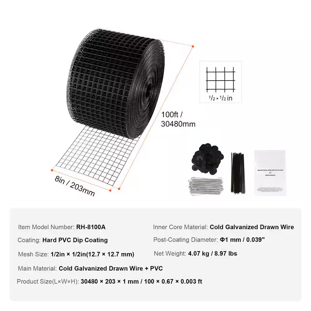 8 In. X 100 Ft. Solar Panel Bird Guard Critter Roll Kit with 70 Fasteners Rust-P