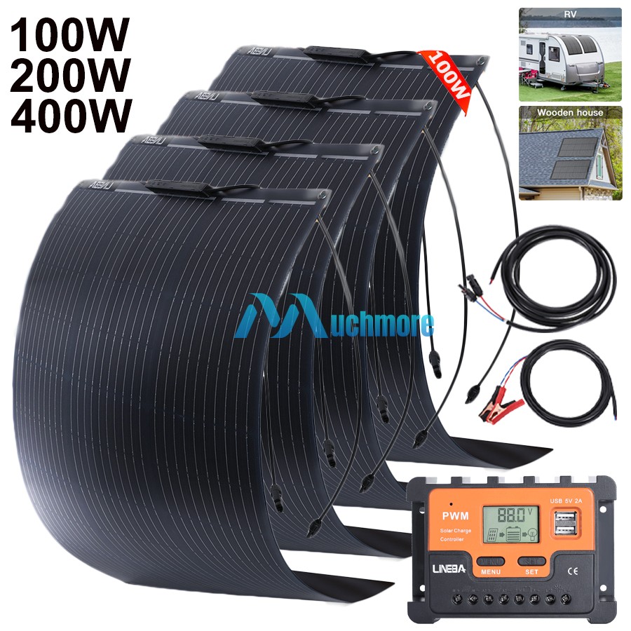 100W 200W 400W Flexible Solar Panel & Controller for PV Home Rooftop Car Boat US