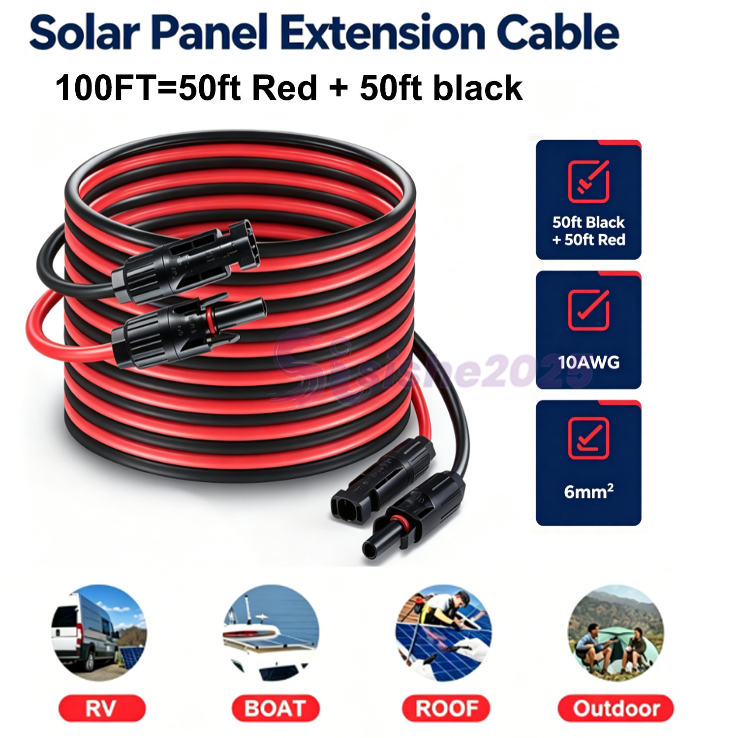 100FT 10 AWG Solar Panel Extension Cable PV Wire +Pair Solar Connectors 6mm²