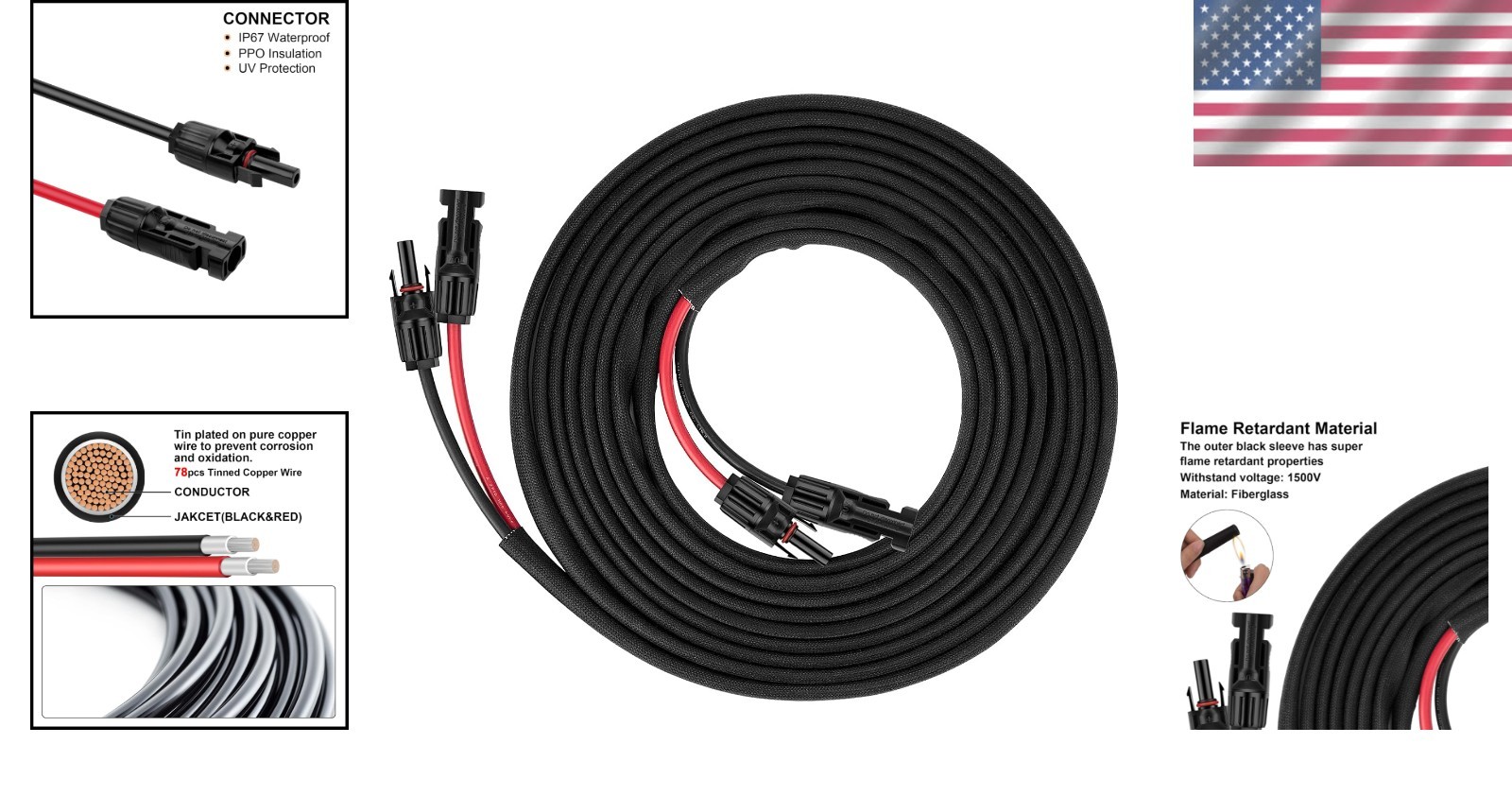 Heavy Duty 30FT 10AWG Solar Cable – Outdoor, UV, Weatherproof, Cert
