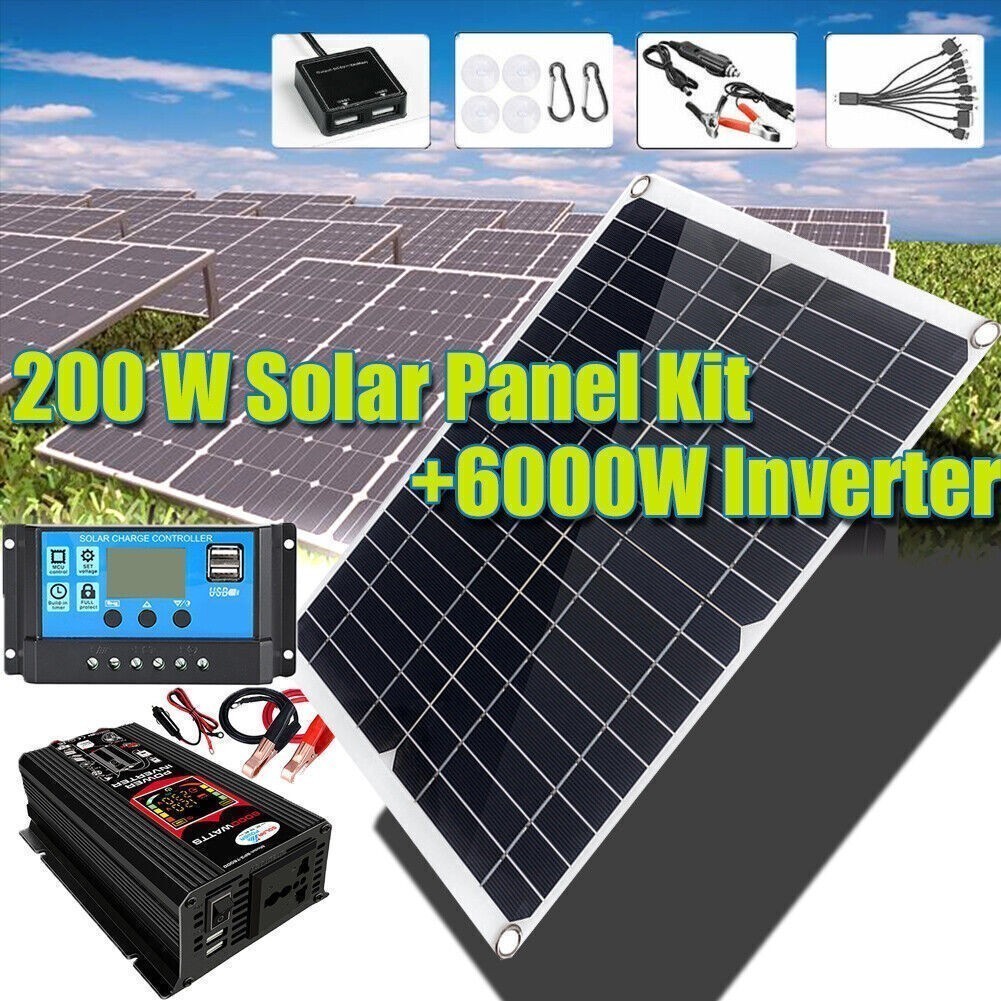 Full 200W Eco Solar Panel+6000W Power Generator Set 110V Home RV Off-Grid Set