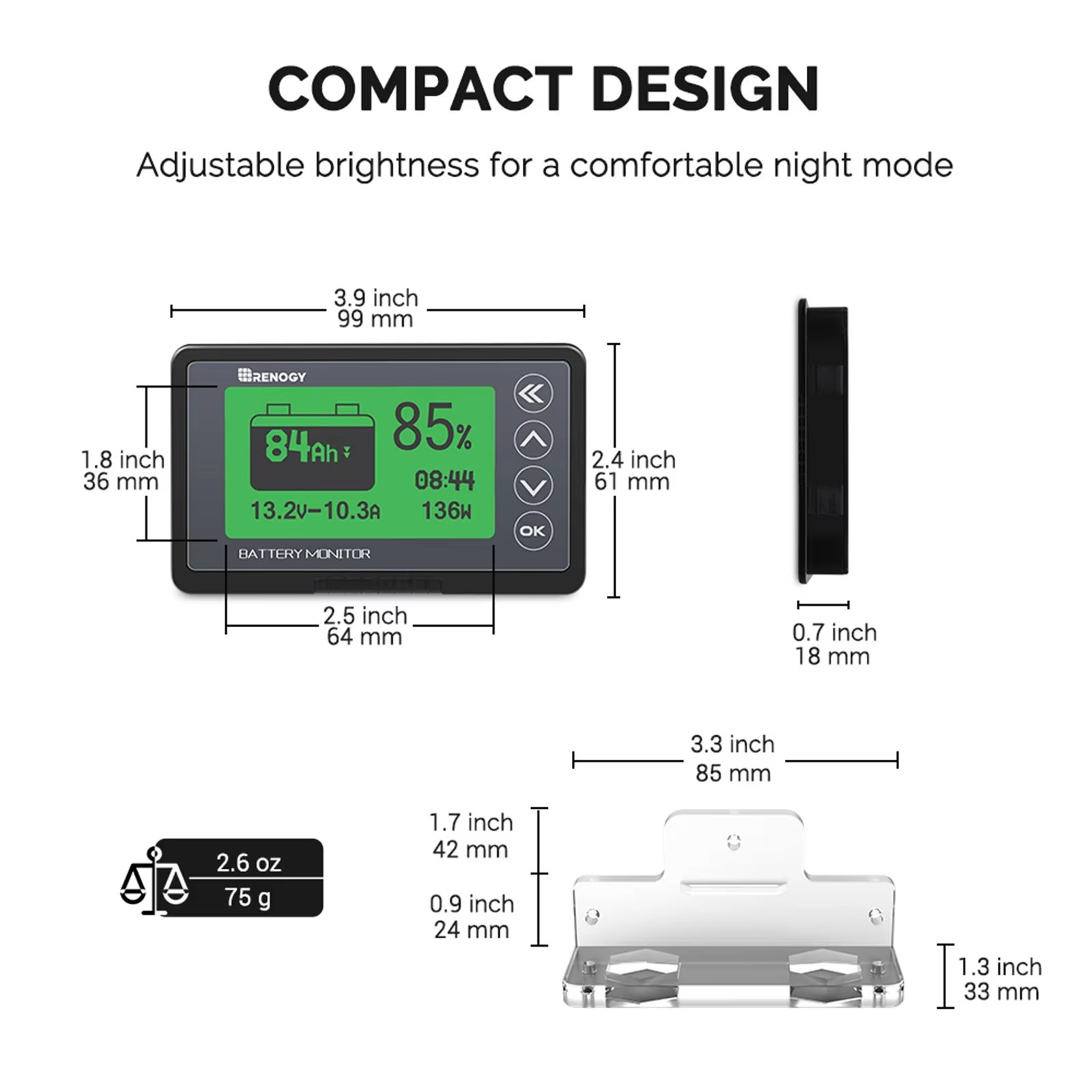 Renogy Battery Monitor 500A 10V-120V with Shunt High Low Voltage Alarm