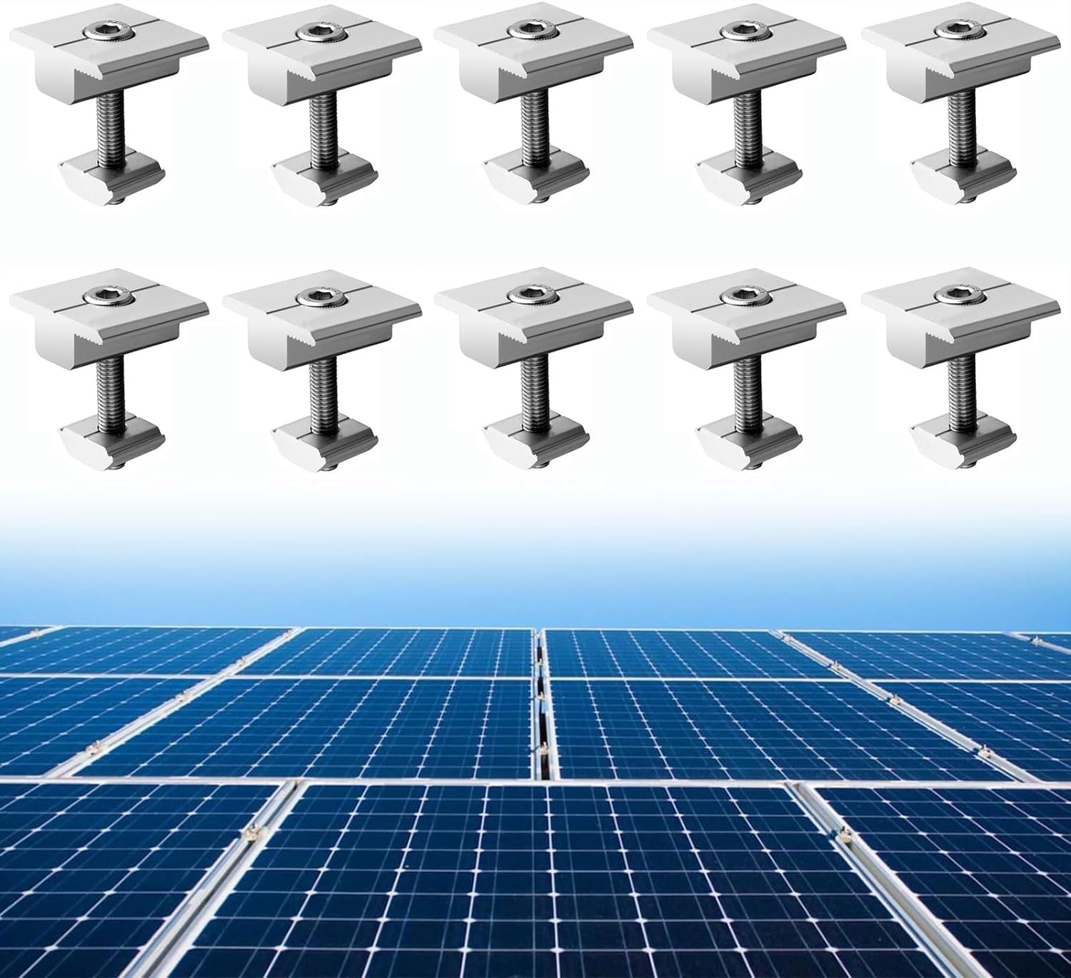 10pcs Solar Panels Centre Aluminium T-Shaped Mid Clamps 10 Screws M8 Panel