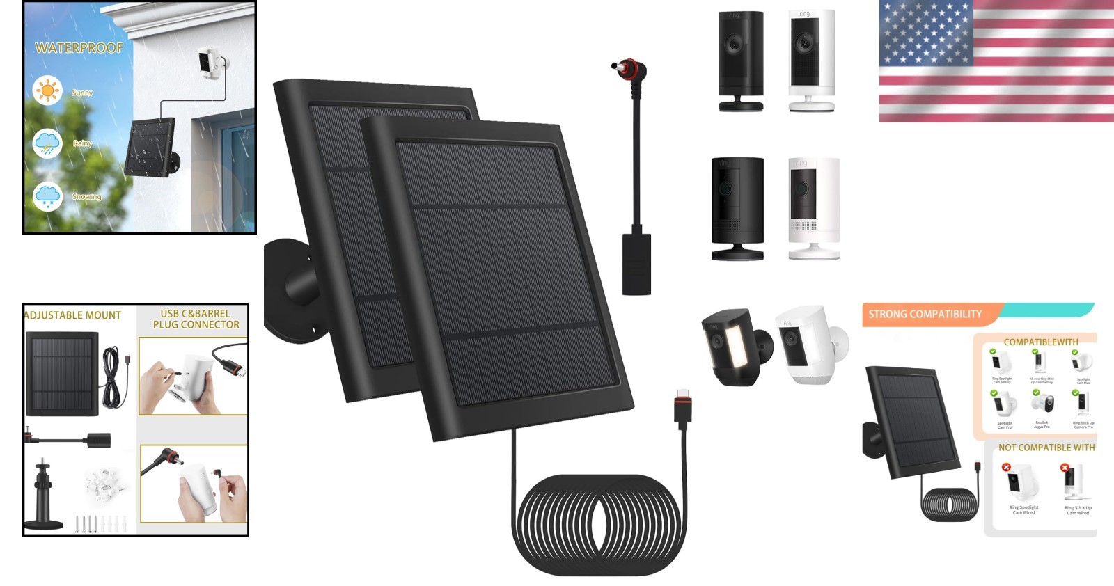 Solar Panel for Ring Cam Plus/Pro – 360° Rotatable Bracket