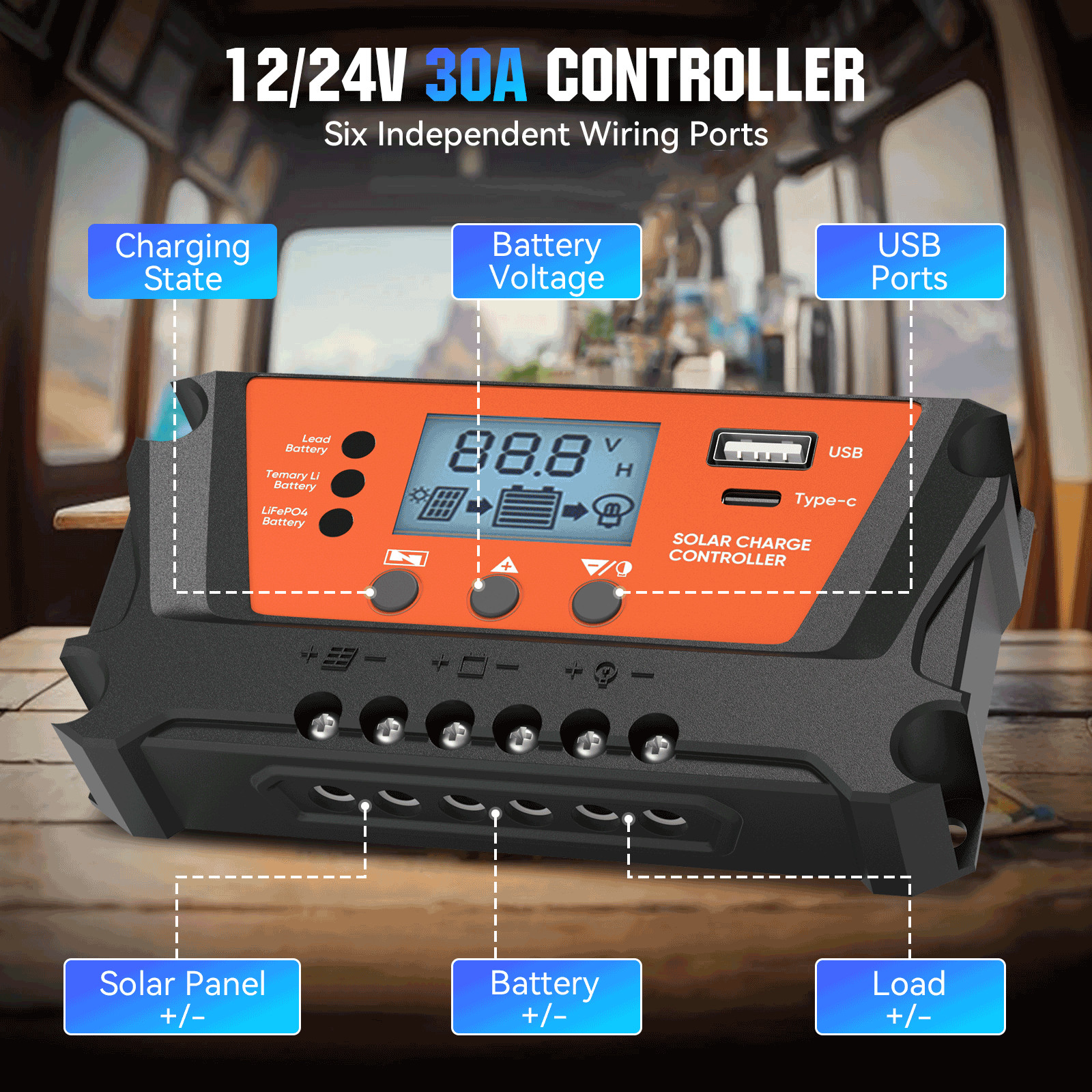 30 Solar Panel Battery Charge Controller 12V/24V USB Type-C Auto Regulator LCD