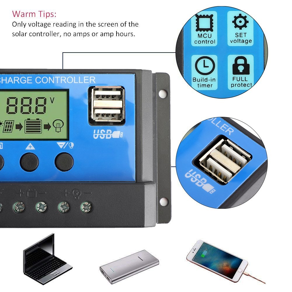 60A Solar Panel Battery Regulator Charge Controller PWM LCD Dual USB 12V24V