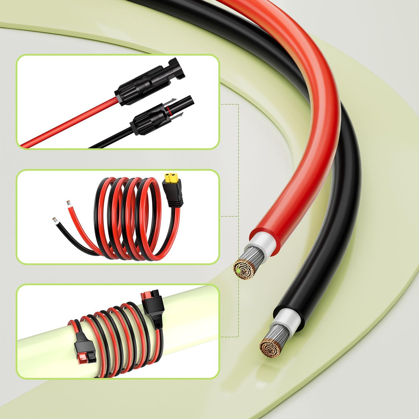 10AWG Solar Panel Extension Cable, 6mm2 Tinned Copper PV Wire, 50FT Red Black