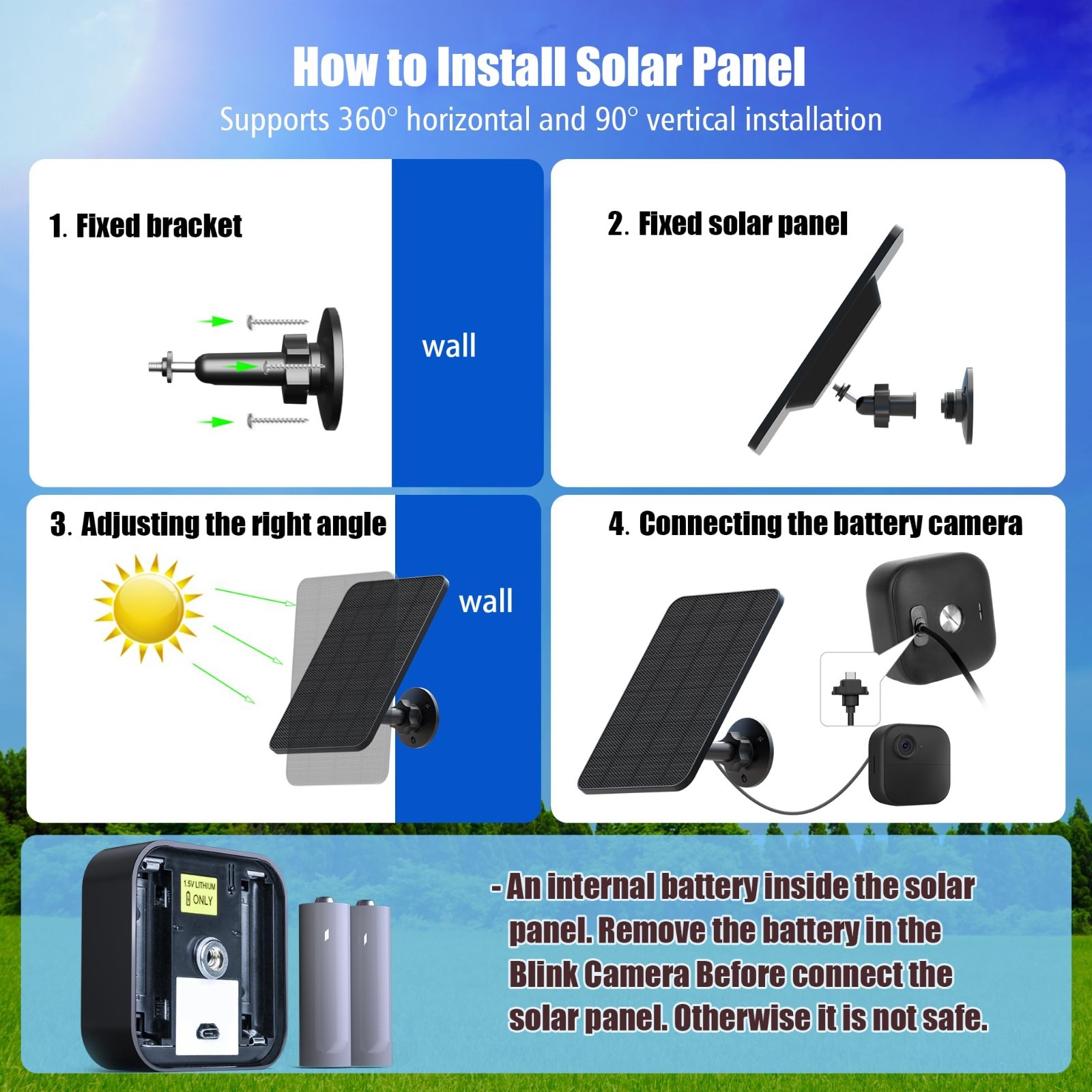 4W Solar Panel Charger for Blink Camera – IP65 Waterproof, USB-C, 13.1ft Cable,