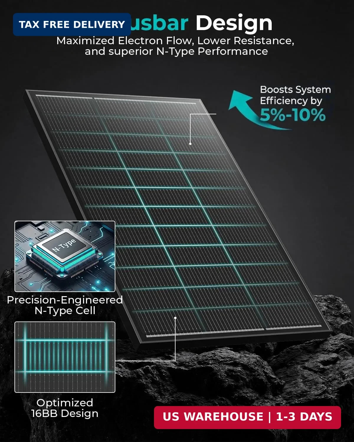 100W Solar Panel, 12V N-Type 16BB – 25.6% Efficiency for RV & Boat | Lightweight