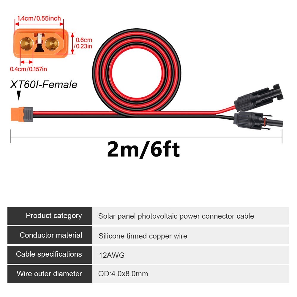 6ft Solar Panel Connector to XT60i-F Adapter Extension Charging Cable Wire 12AWG