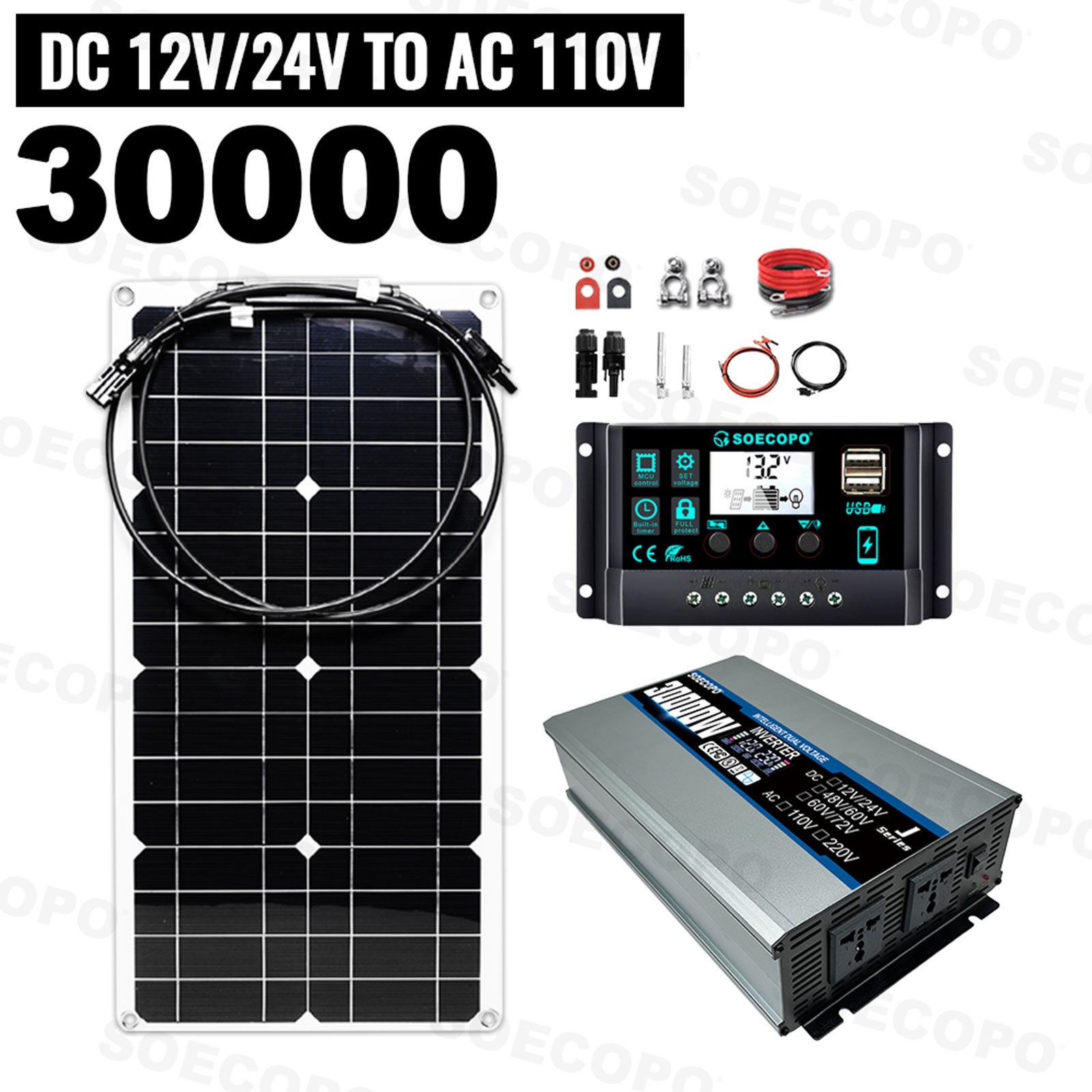 SOECOPO 30000W Peak Solar System Kit Flexible Panel for Camp Charger Off Grid