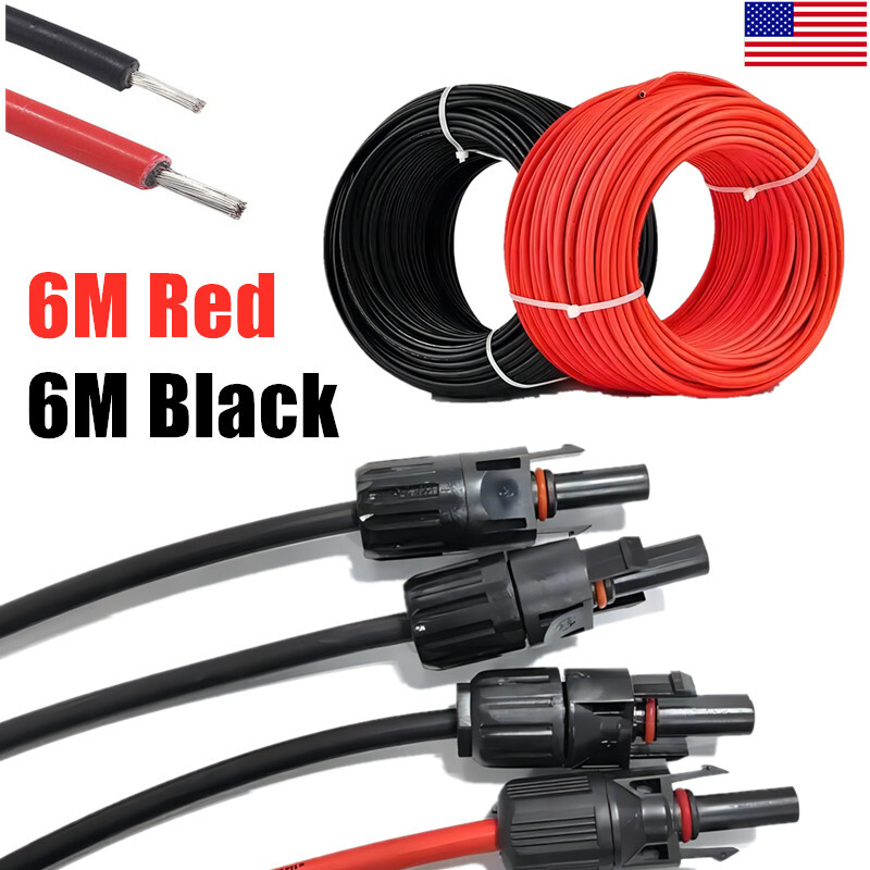 Black+Red 10 AWG Solar Panel Extension Cable Silicone Flexible Wire Connectors