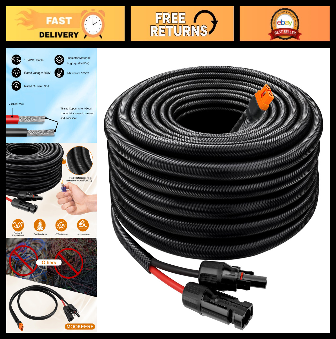 15FT Solar Panel XT60i Adapter Cable 10AWG with Flame Retardant Sleeving – Exten