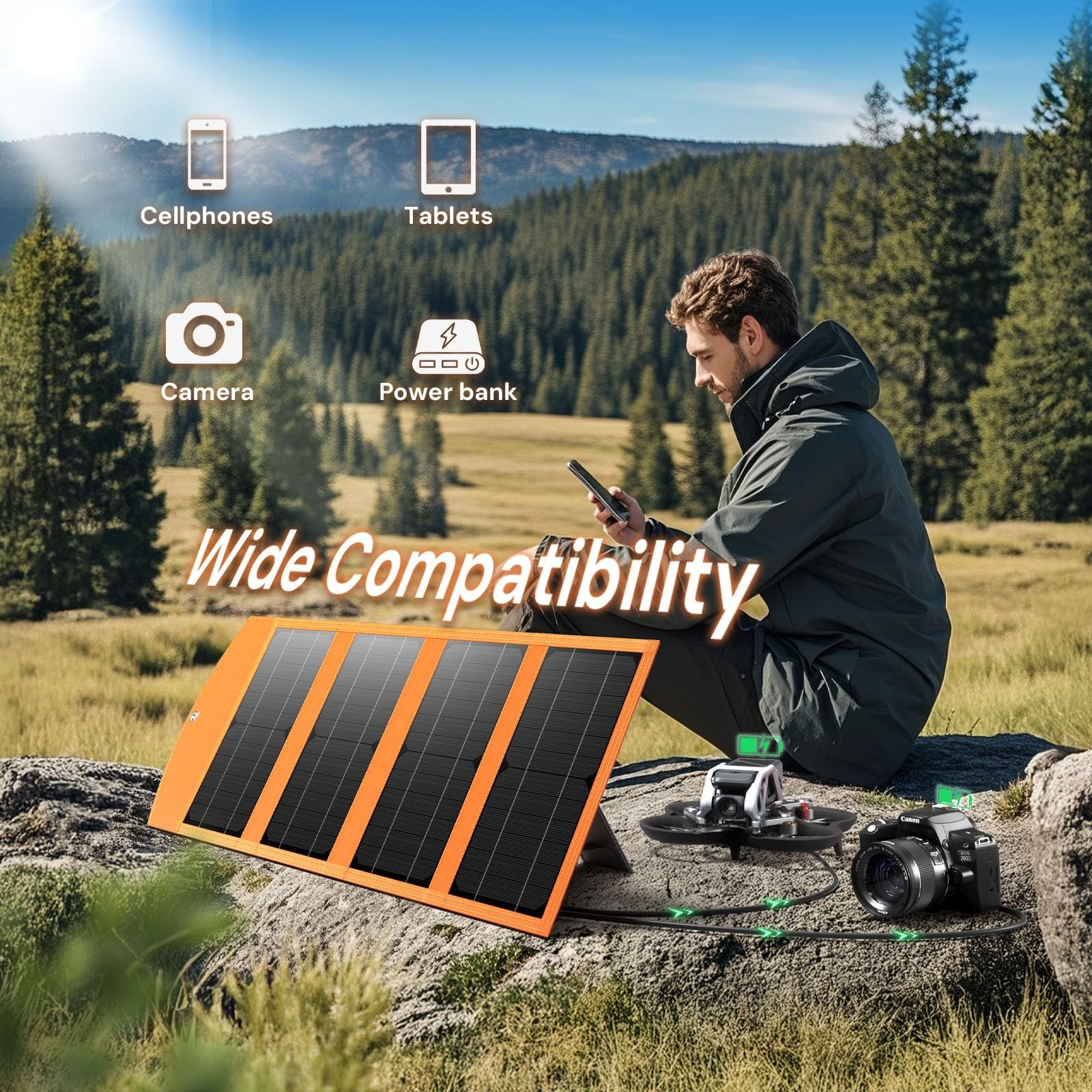 30W Portable Solar Charger, USB & Type-C Outputs, Fast Charge 2 Devices, IP67 Wa