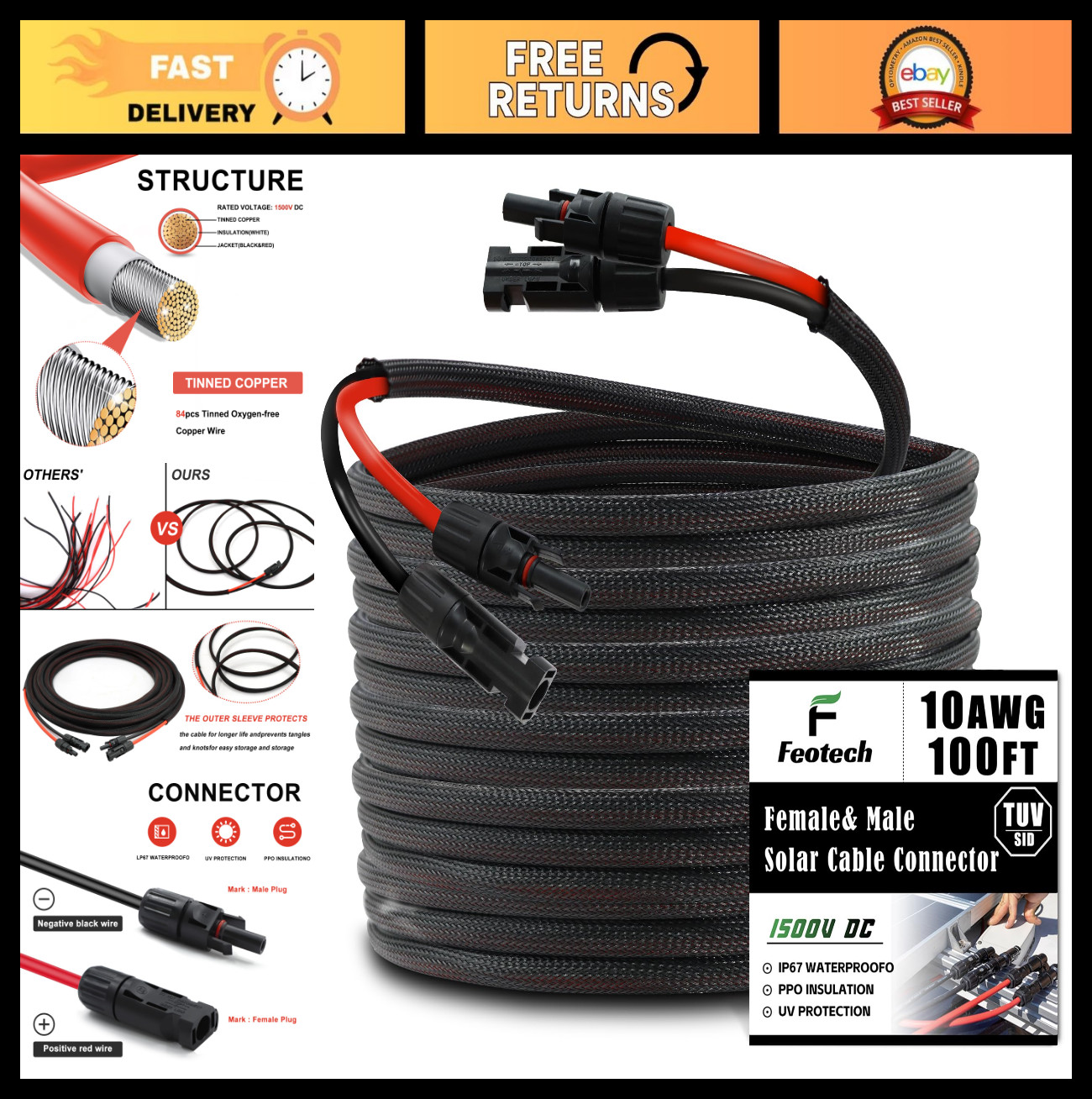 100FT 10AWG Solar Extension Cable with IP67 Connectors & Wire Stripper – Outdoor