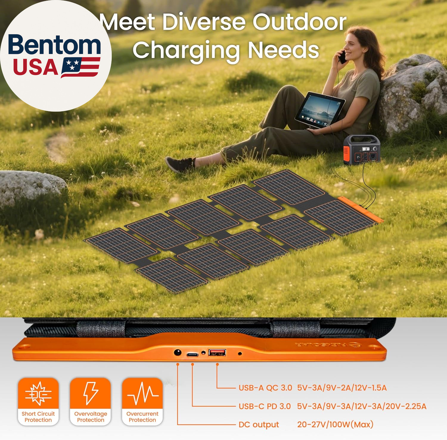 100W Portable Solar Panels Chargers with PD3.0 USB-C,QC3.0 USB-A and DC Outputs