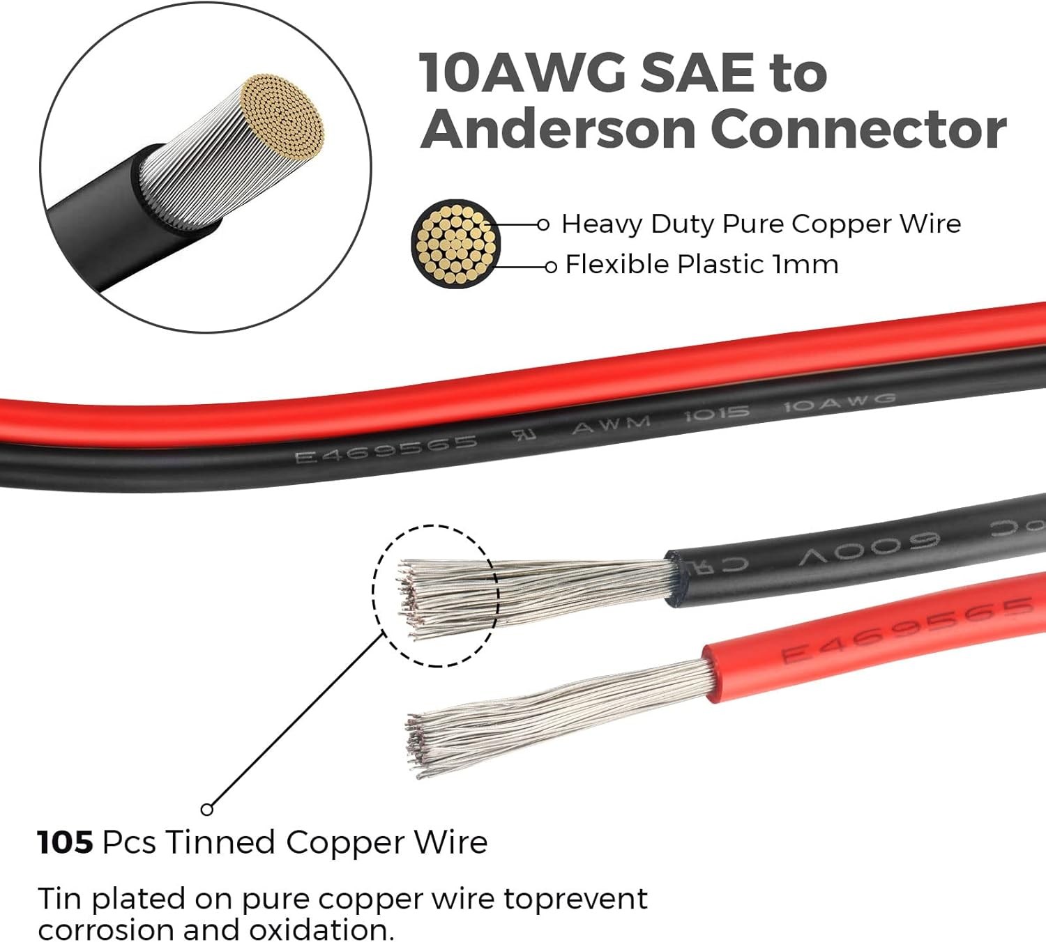Solar SAE Extension Cable 10AWG Anderson Jackery Renogy 2 Ft Cord