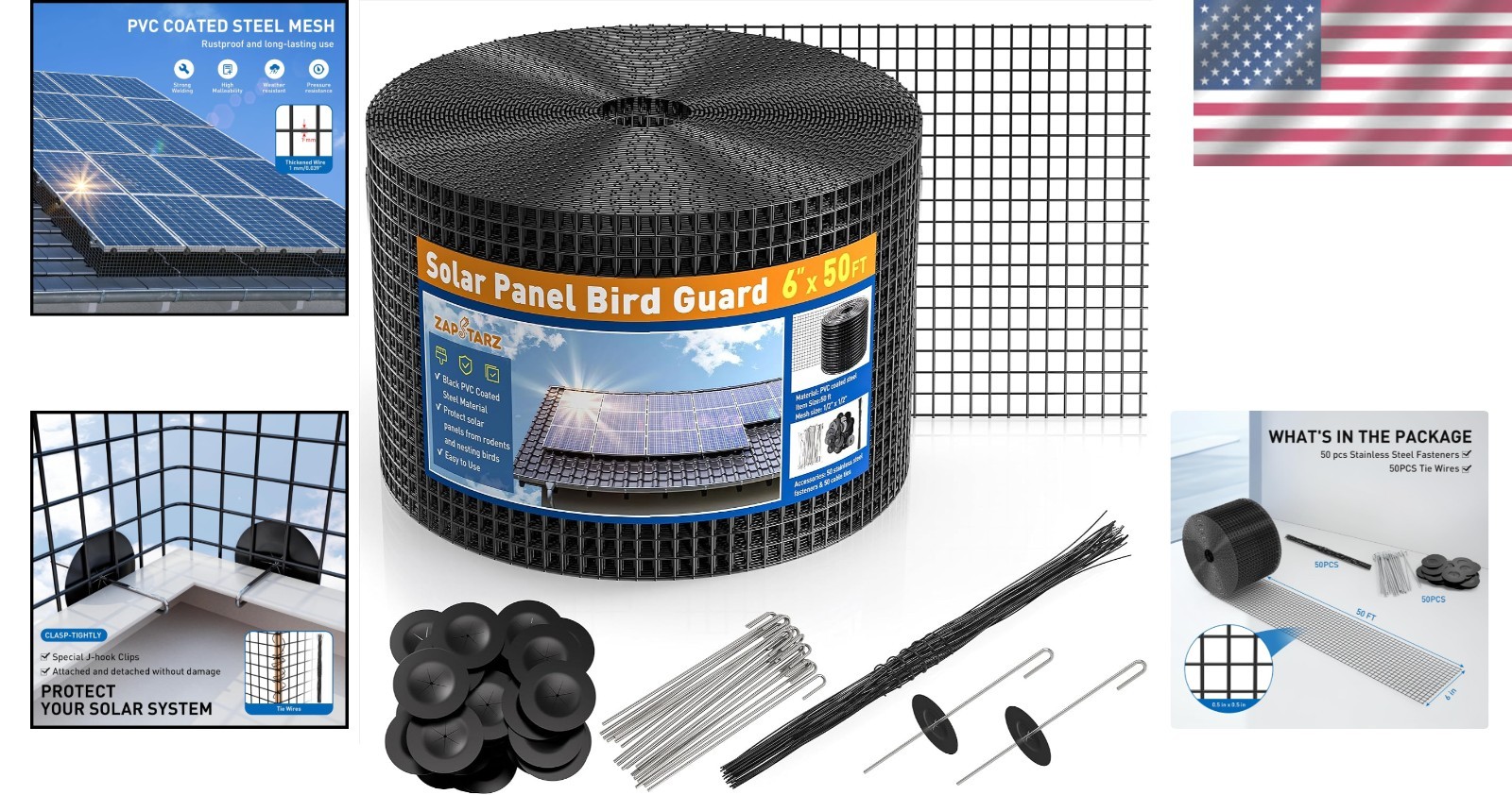 6in x 50ft Solar Panel Critter Guard: Durable PVC Coated Mesh with Fasteners