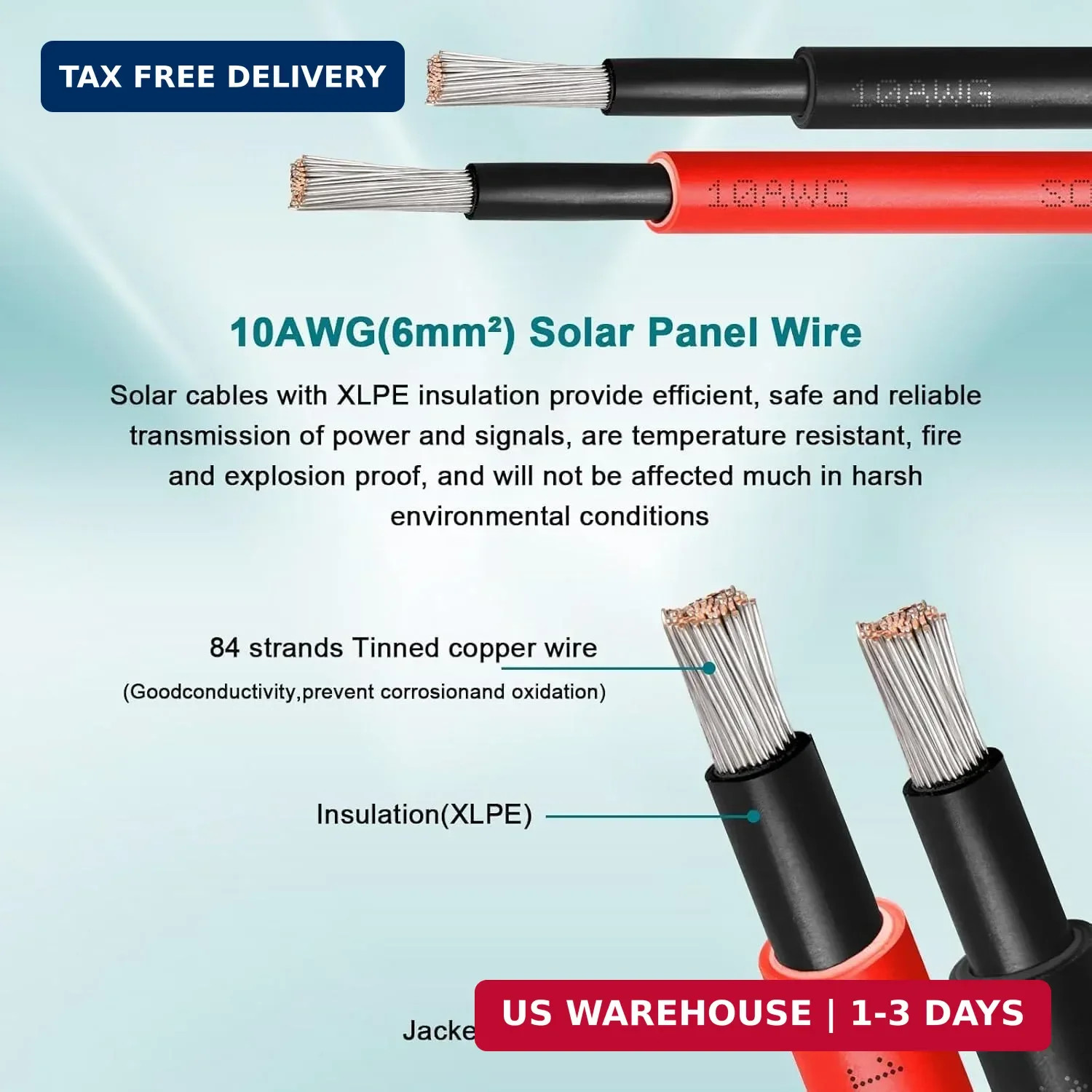 10AWG Solar Wire 6mm², 2 Pack 50FT Red & Black Solar Panel Cable, 84 Strands Tin