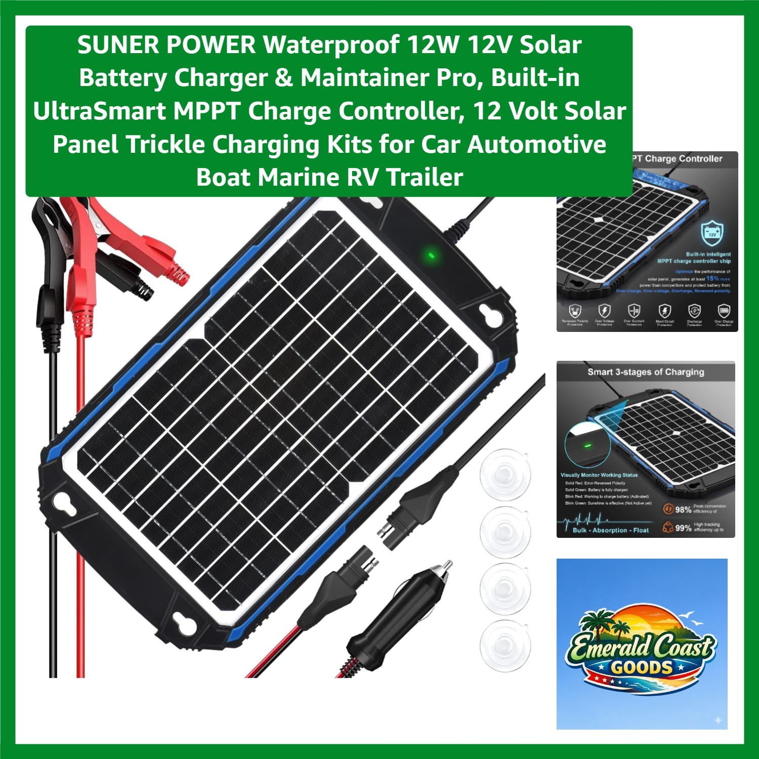 Waterproof 12W 12V Solar Battery Charger & Maintainer Pro, Built-in UltraSmar…