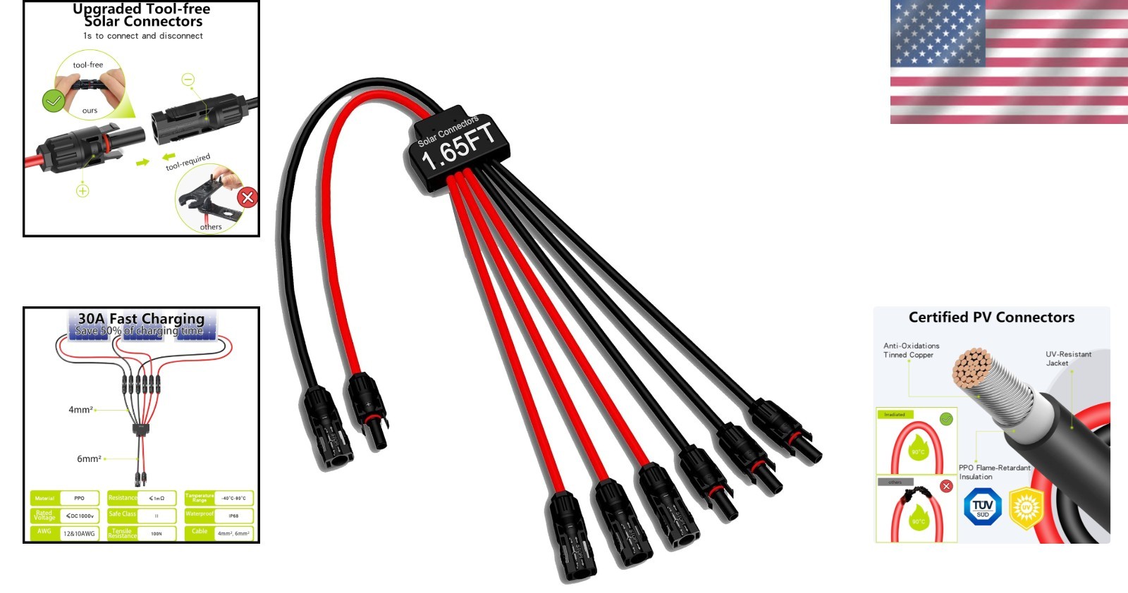 Solar Cable Splitter for 3 Panels, UV Resistant Connectors