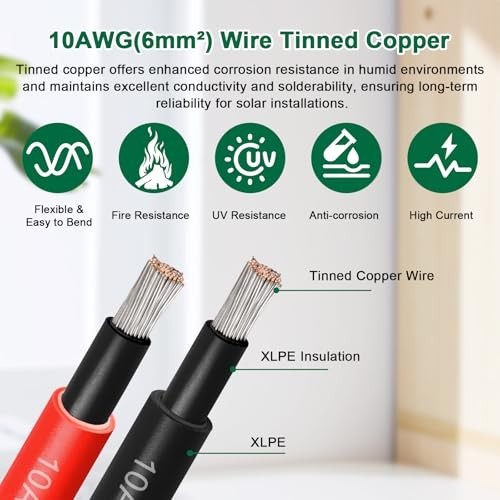 10AWG Solar Panel Extension Cord 3FT – Waterproof PV Wire with Flame Retardant S