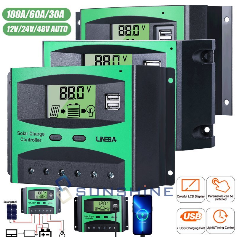12/24V 10-100A MPPT PWM Solar Charge Controller Panel Battery Regulator Dual USB