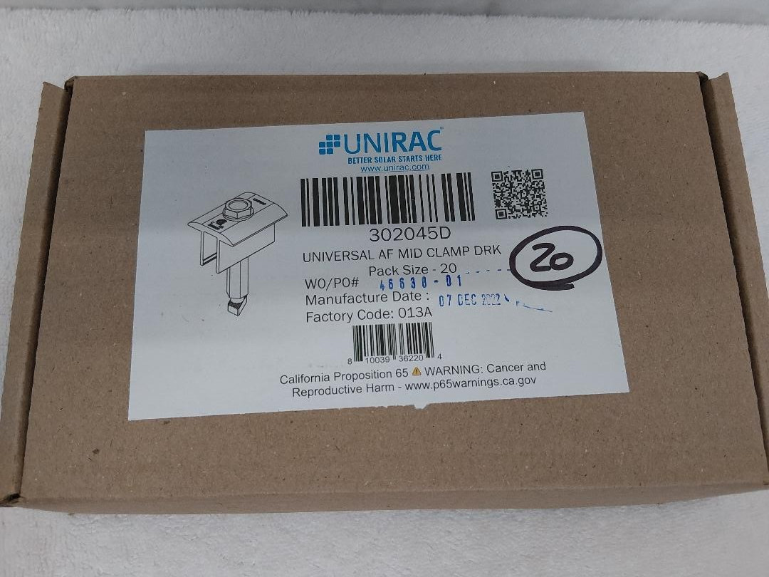 LOT OF 20 UNIRAC SOLAR UNIVERSAL AF MID CLAMPS ARRAY PANEL RAIL RACK 302045D NEW