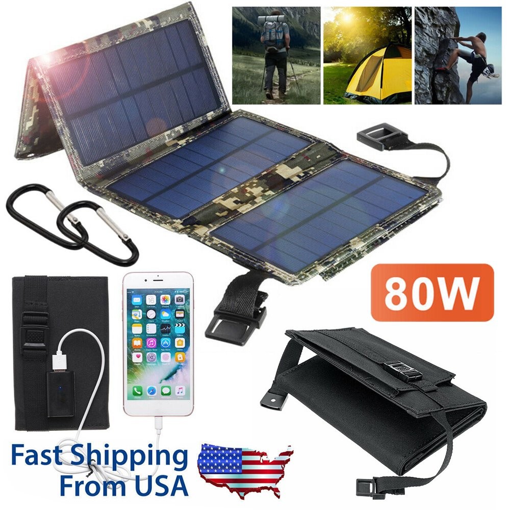 80W USB Solar Panel Folding Power Bank Outdoor Camping Hiking Phone Charger US