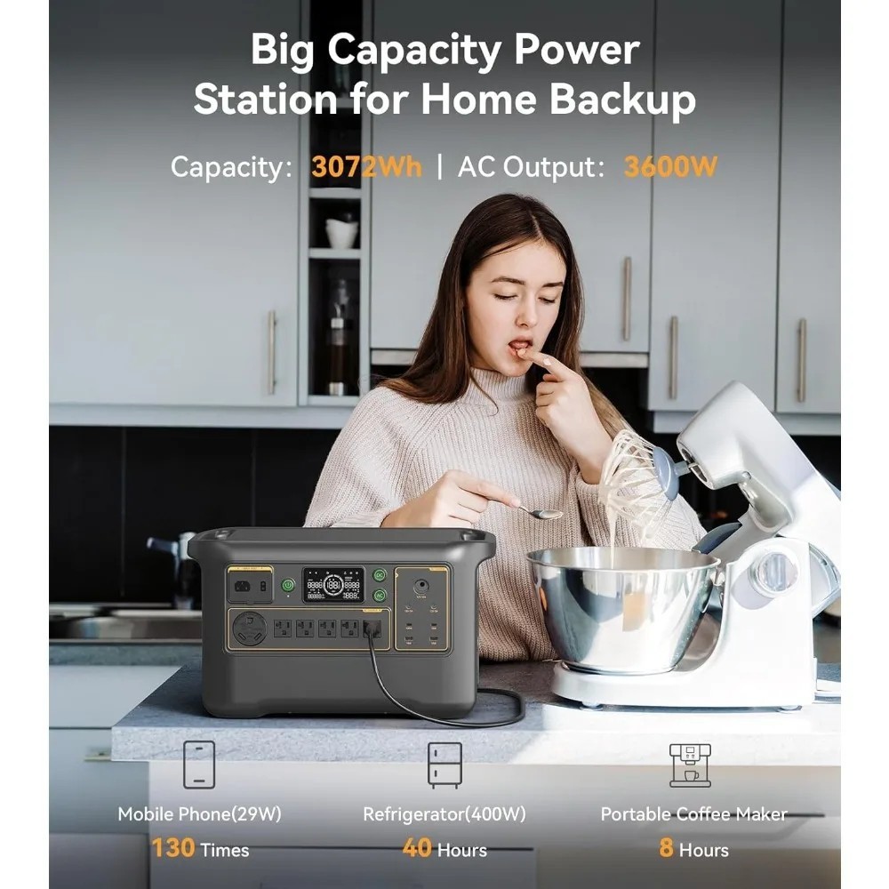 Portable Power Station 3072Wh LiFePO4 Solar Generator 3600W Home Backup Battery