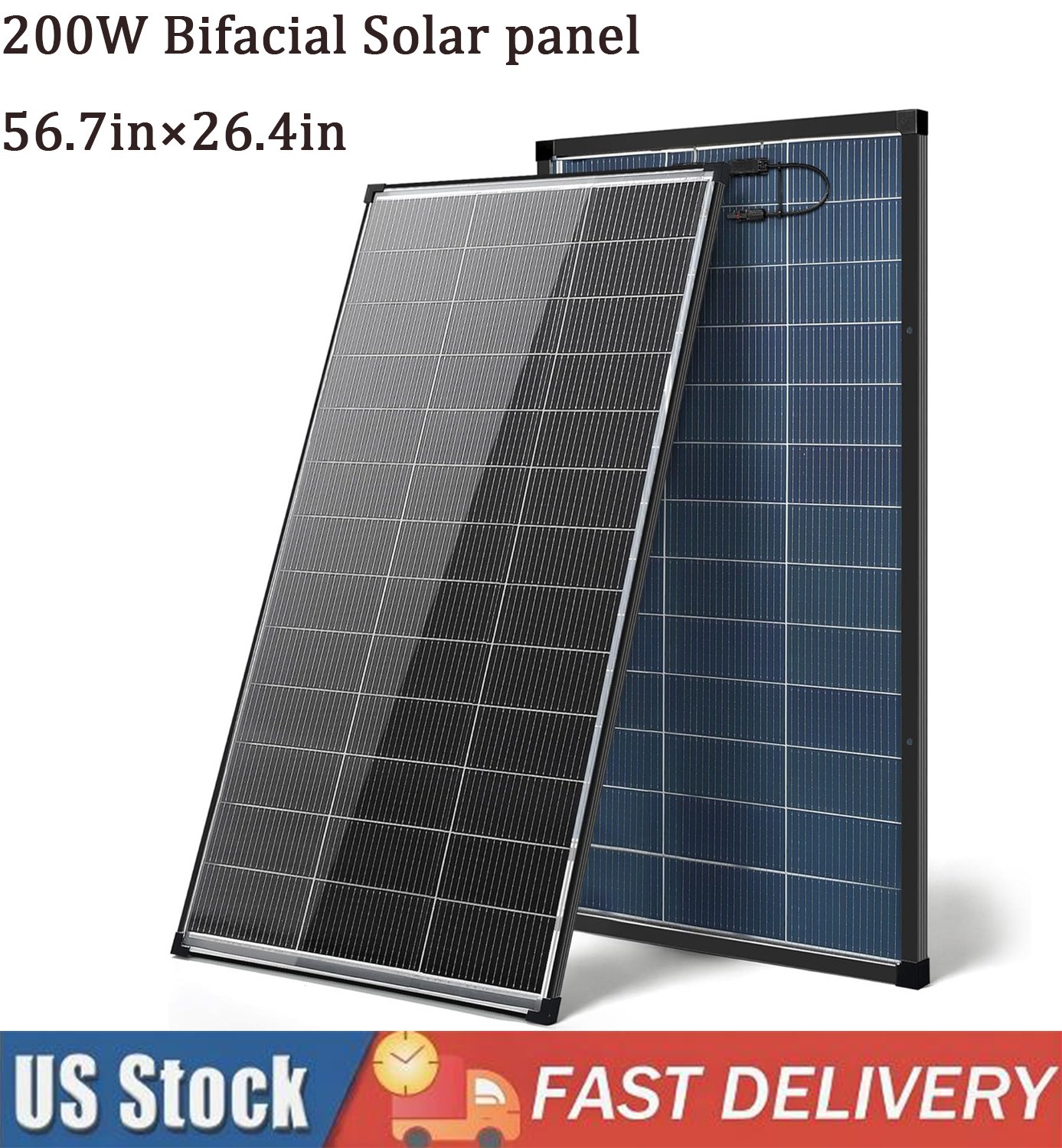 200W Solar Panel Bifacial Monocrystalline N-Type 12V PV Home Roof RV Battery US