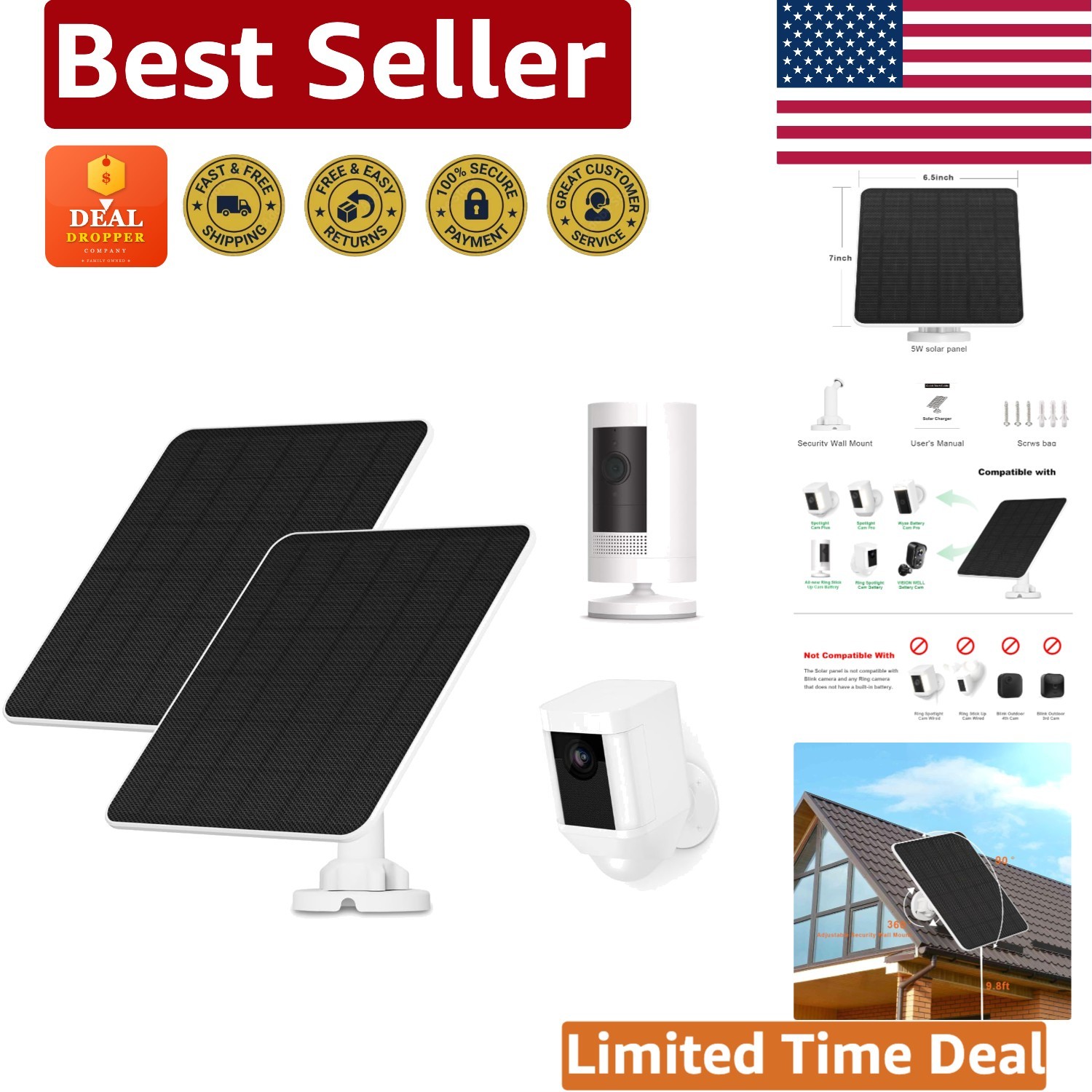 Waterproof Solar Panel Charger for Ring Cameras – Continuous Power 2 Pack