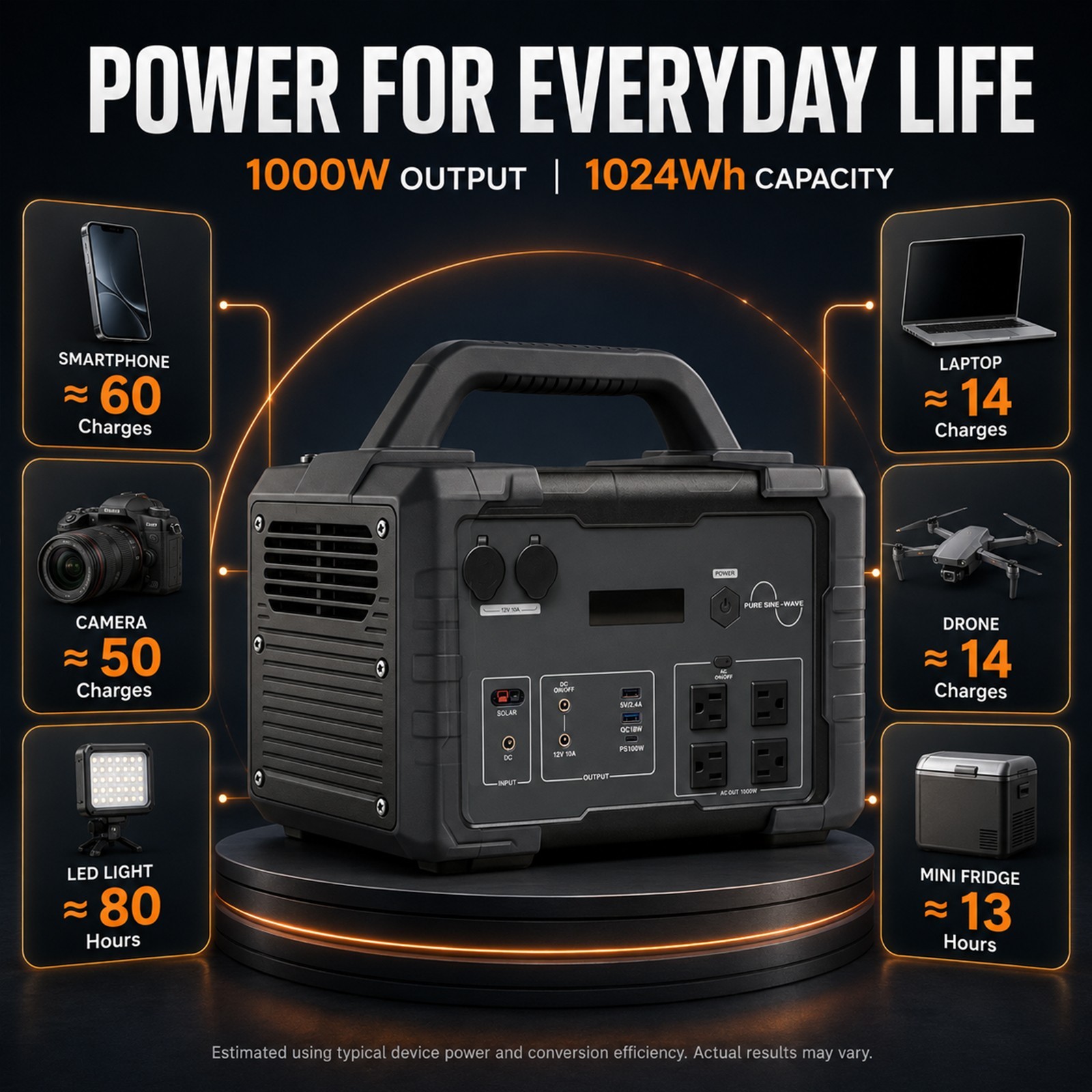 Black 1000W1024Wh LiFePO4 Portable Pure Sine Wave Power Station With Flashlight