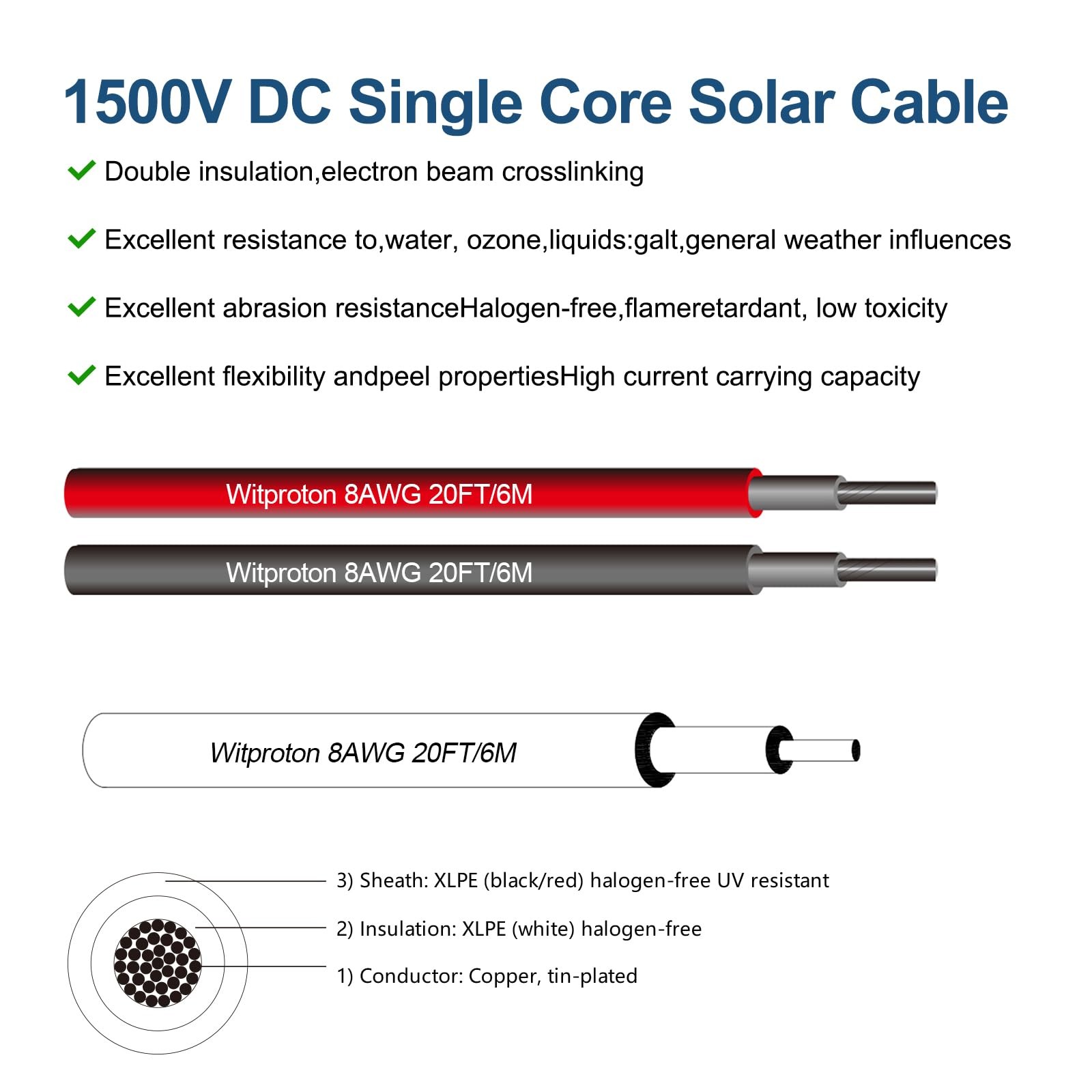 8AWG (10mm²) 20FT Solar Extension Cables, 1500V Tinned Copper PV Wire with 1….