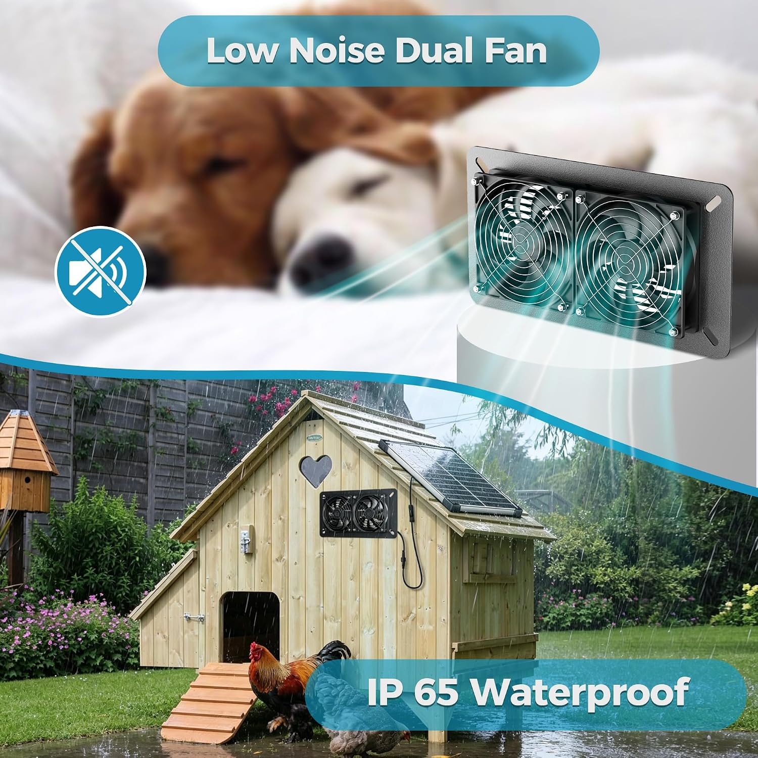 Solar Fan Kit for Chicken Coop – Two IP65 Waterproof 5″ Solar Powered Fans – Out
