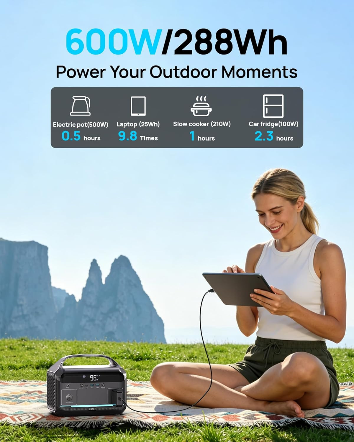 Portable Power Station 600W, 288Wh Lifepo4 Battery Backup Power W/2×600W AC Outl