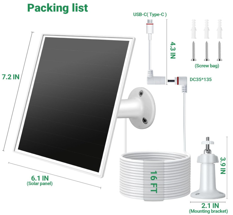 Solar Panel for Ring Camera Outdoor Wireless, Fast Charging 6W, 16ft Cable,White