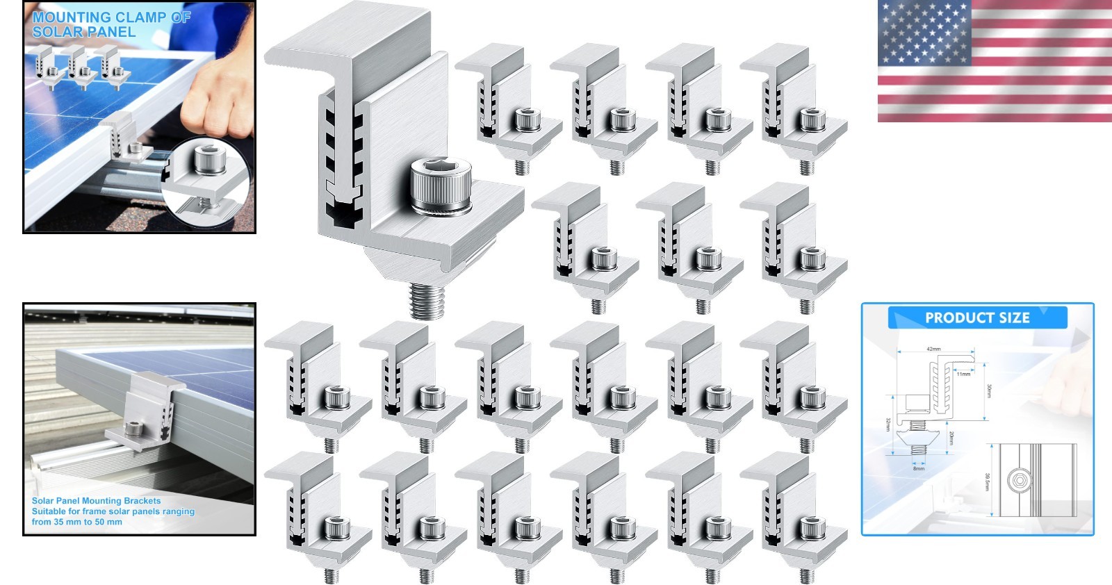 Aluminum End Clamps for Panel Installation – 20 Pack