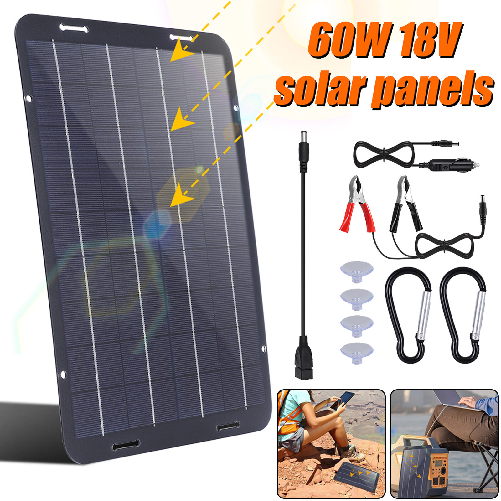 60W 18V Solar Panel Kits w/ USB & Car Charger Portable for Boat RV Car Camping