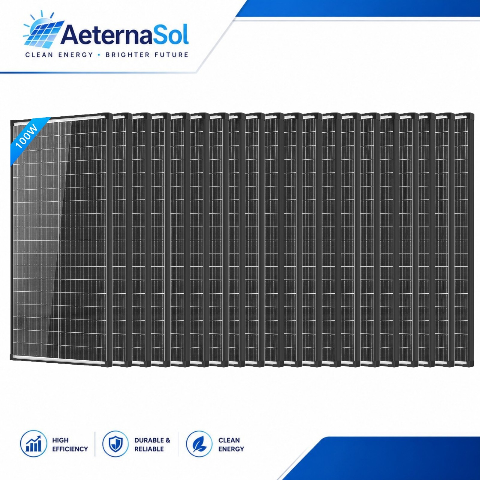 AeternaSol 20Pack 100W Bifacial Solar Panel 18V Mono N-Type PV Home RV Off Grid