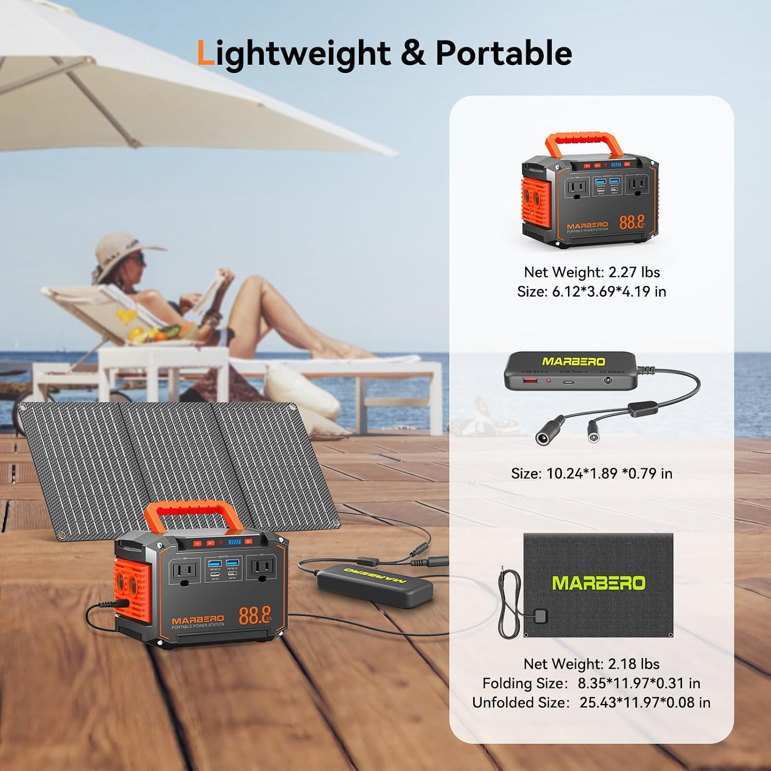 MARBERO 88.8Wh Portable Power Station with 30W Solar Panel 150W Peak Camping Sol