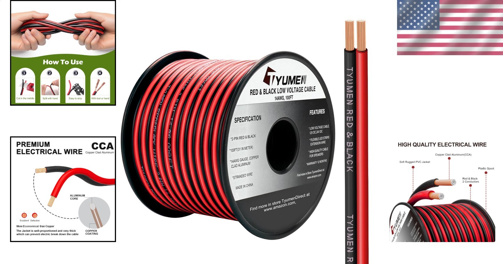 100FT 14/2 Gauge Red Black Electrical Wire for LED Strips 12V 24V DC Extension