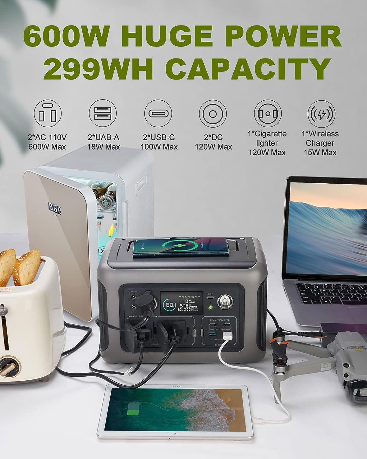 ALLPOWERS 299Wh 600W Portable Power Station LiFePO4 Solar Generator Refurbished