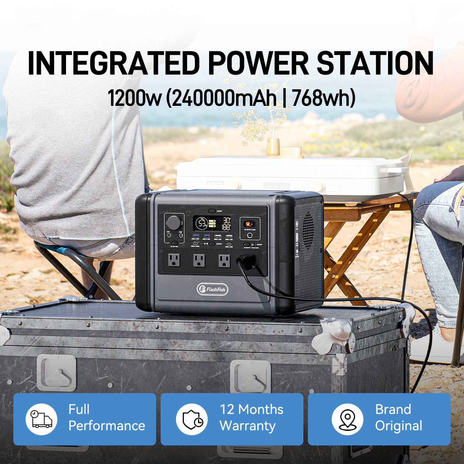Flashfish T1200S Portable Power Station 1200W 768Wh With 2*Solar Panel 100W 18V