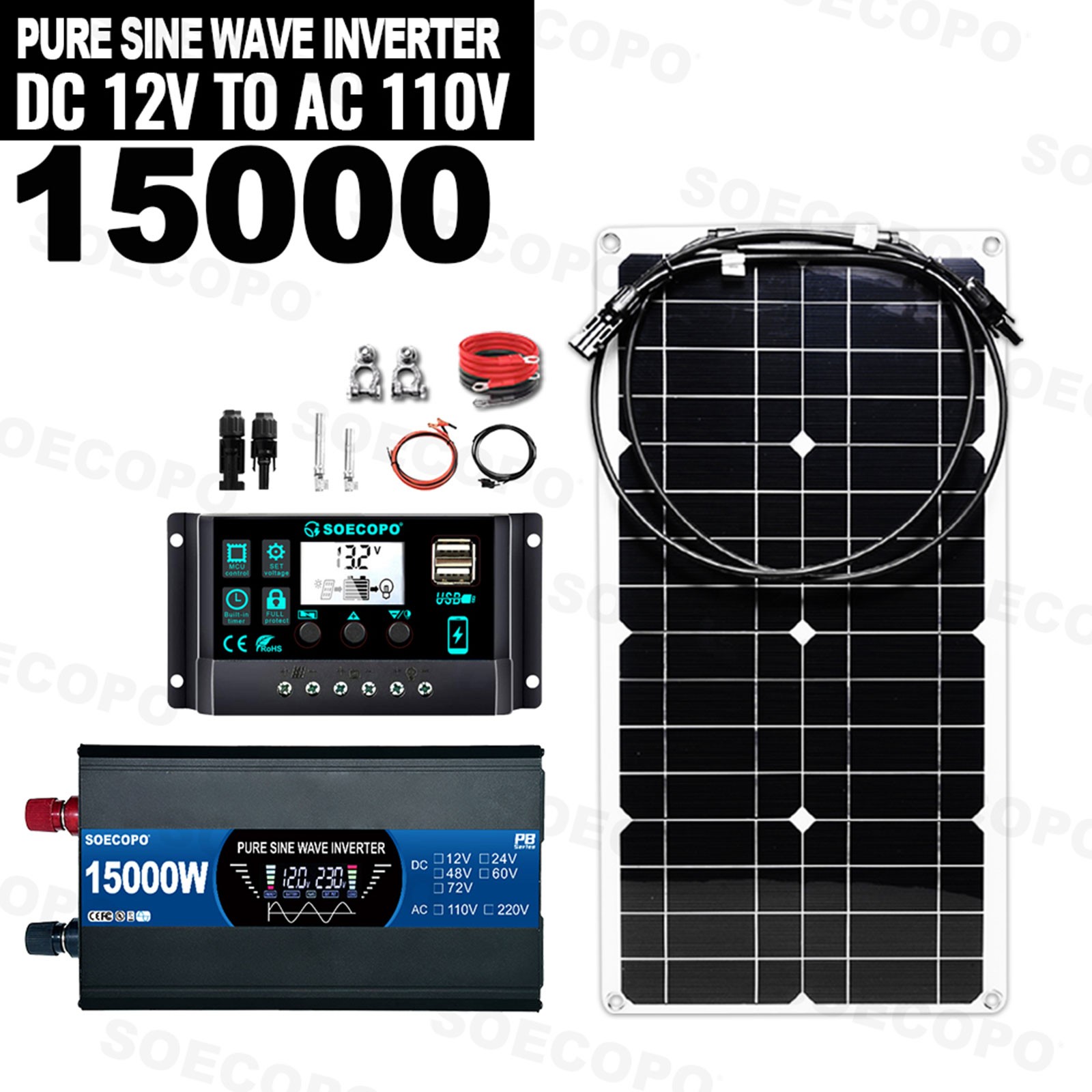15000W Solar System Kit Flexible Panel 100A Controller 12V 110V220V Pure Sine