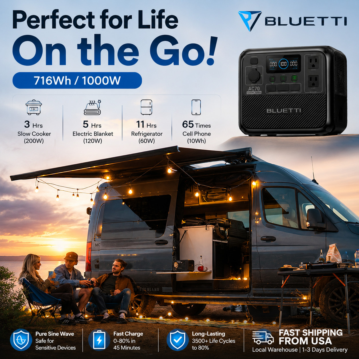 BLUETTI AC70 Portable Power Station 768Wh 1000W LiFePO4 Fast Charging USA