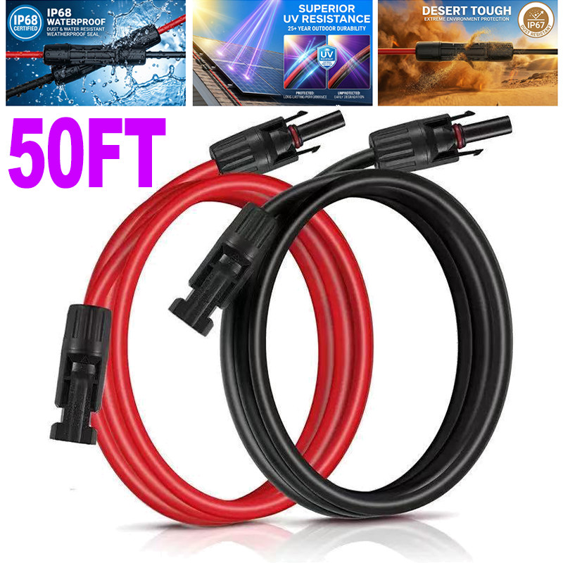 50ft Black + 50ft Red 10AWG Solar Panel Extension Cable Flexible Wire Connectors