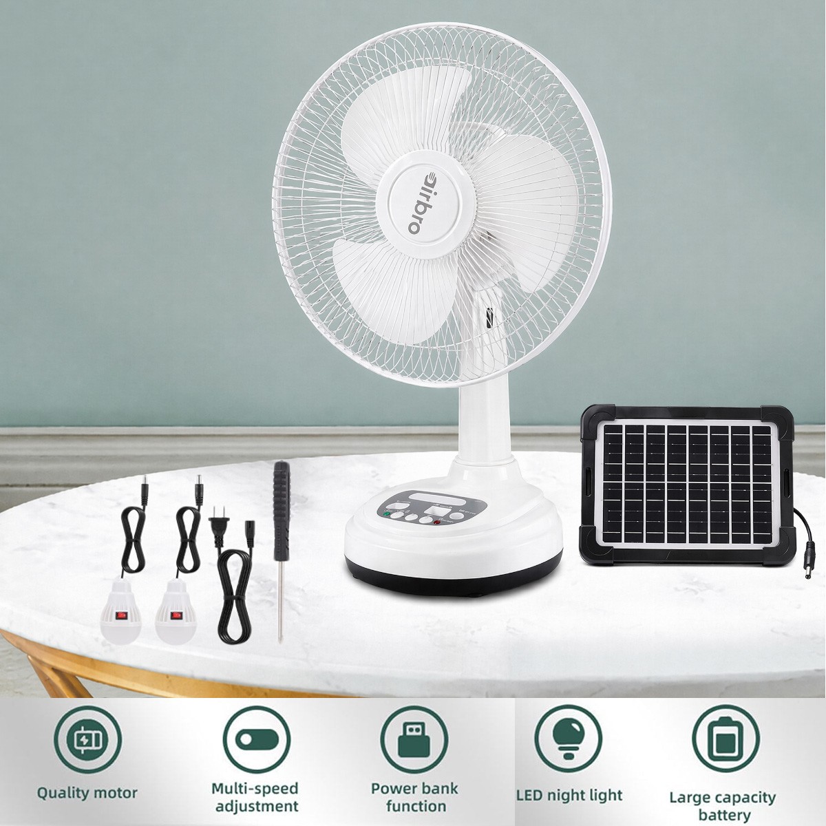 12Inch Solar Rechargeable Table Fan 2 LED Bulbs USB Phone Charging Emergency Fan