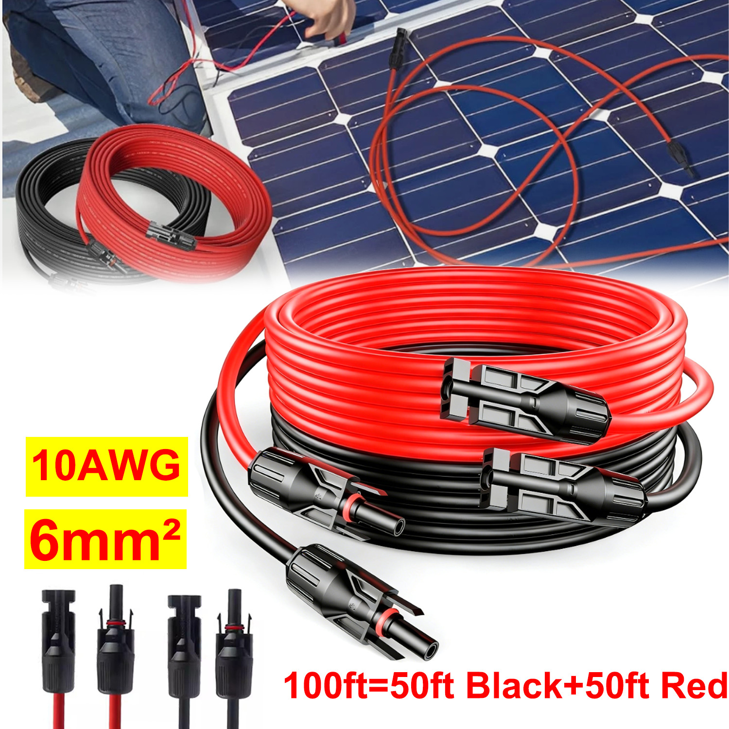 Solar Panel Extension Wire 100ft 10 AWG PV Wire +Pair Solar Connectors 6mm²